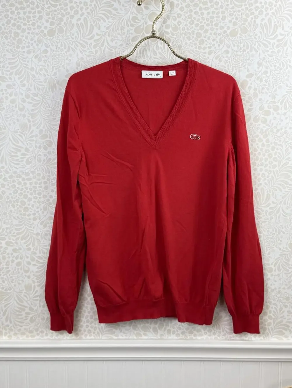 Lacoste Men's 100% Cotton Classic Red V-Neck Sweater - Size - EU 42